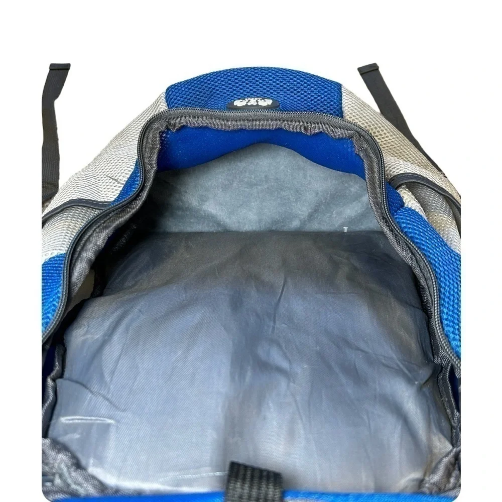 SMALL PET CARRIER BACKPACK BLUE SILVER MESH + WAIST STRAP